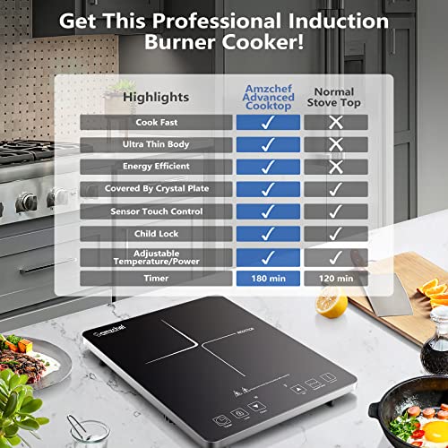 Portable Induction Cooktop AMZCHEF Induction Burner Cooker With Ultra Thin Body, Low Noise Hot Plate With 1800W Sensor Touch Single Electric Cooktops Countertop Stove With 8 Temperature & Power Levels, 3-hour Timer, Safety Lock