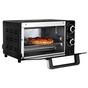 total chef 4-slice toaster oven, 1000w, black compact countertop oven with natural convection, temperature control dial, 30 minute timer, bake, toast, roast, includes baking pan and toasting rack