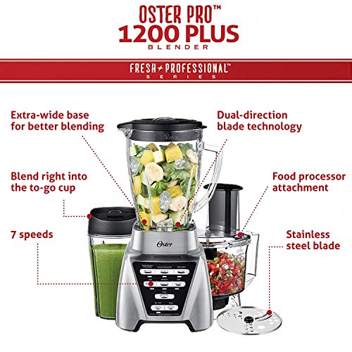 Oster Blender | Pro 1200 with Glass Jar, 24-Ounce Smoothie Cup and Food Processor Attachment, Brushed Nickel - BLSTMB-CBF-000