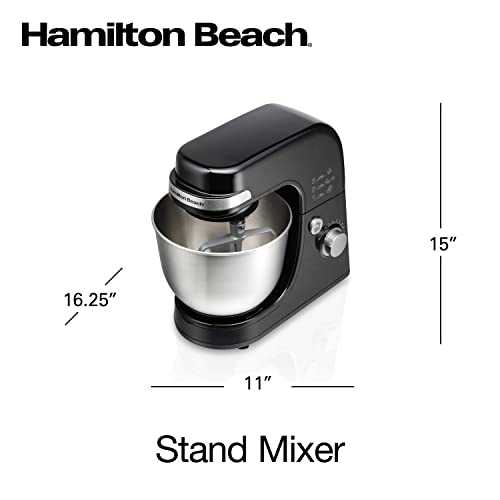 Hamilton Beach Electric Stand Mixer, 4 Quarts, Dough Hook, Flat Beater Attachments, Splash Guard 7 Speeds with Whisk, Black