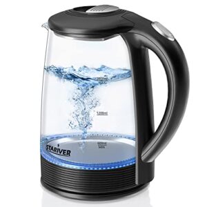 stariver electric kettle, 2l electric tea kettle, bpa-free glass kettle with led, hot water kettle with fast boil, auto shut-off & boil-dry protection, stainless steel inner lid & bottom, black