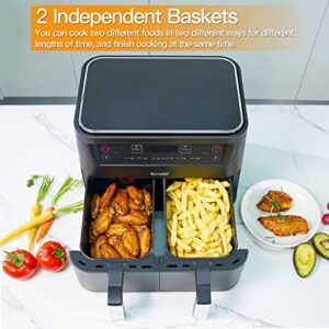 Air Fryer, 8 Quart Dual Zone Air Fryers Oilless Cooker with 2 Independent Nonstick Frying Baskets, 6-in-1 Cooking Functions Airfryer, Black