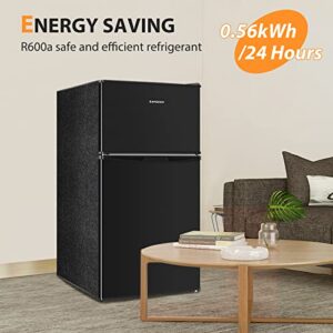 BANGSON Mini Fridge with Freezer, 3.2 Cu.Ft, Low Noise, Energy Saving, 5 Settings Temperature Adjustable, 2 Door Mini Fridge for Bedroom Office and Dorm, (Black)