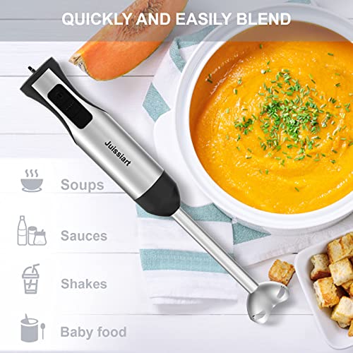 Immersion Hand Blender,5 in1 Emulsion Blender 800W 20 Speed, 500ML Chopper, 600ML Beaker, Stainless Steel Whisk and Milk Frother for Smoothie, Baby Food, Sauces,Puree, Soup,Milk coffee（BPA-free）