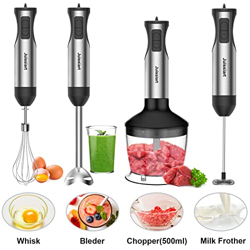 Immersion Hand Blender,5 in1 Emulsion Blender 800W 20 Speed, 500ML Chopper, 600ML Beaker, Stainless Steel Whisk and Milk Frother for Smoothie, Baby Food, Sauces,Puree, Soup,Milk coffee（BPA-free）