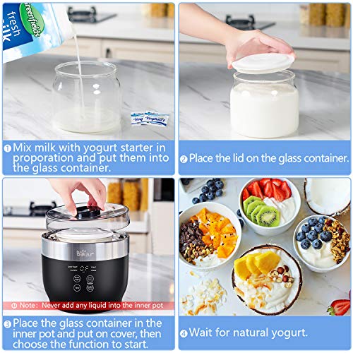 Bear Yogurt Maker, Greek Yogurt Maker Machine with Strainer and Timer Control, Yogurt Maker with Stainless Steel Inner Pot, Automatic Digital Yogurt Maker with 2 Glass Jars 1 Quart for Home Organic Yogurt, Cheese Maker, Fruit Wine Maker, Black (black)