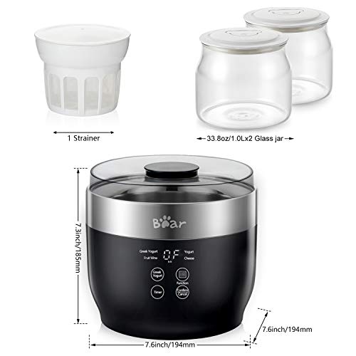 Bear Yogurt Maker, Greek Yogurt Maker Machine with Strainer and Timer Control, Yogurt Maker with Stainless Steel Inner Pot, Automatic Digital Yogurt Maker with 2 Glass Jars 1 Quart for Home Organic Yogurt, Cheese Maker, Fruit Wine Maker, Black (black)