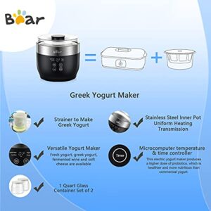 Bear Yogurt Maker, Greek Yogurt Maker Machine with Strainer and Timer Control, Yogurt Maker with Stainless Steel Inner Pot, Automatic Digital Yogurt Maker with 2 Glass Jars 1 Quart for Home Organic Yogurt, Cheese Maker, Fruit Wine Maker, Black (black)