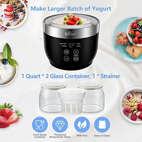 Bear Yogurt Maker, Greek Yogurt Maker Machine with Strainer and Timer Control, Yogurt Maker with Stainless Steel Inner Pot, Automatic Digital Yogurt Maker with 2 Glass Jars 1 Quart for Home Organic Yogurt, Cheese Maker, Fruit Wine Maker, Black (black)