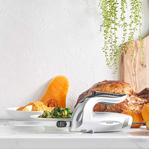 VonShef Electric Knife 10 Inch – Serrated Carving Knife Set with Storage Case – Interchangeable Stainless Steel Blades – For Turkey, Meat, Bread, Vegetables, Fruit - 150W