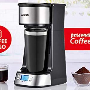 wirsh Single Serve Coffee Maker- Small Coffee Maker with Programmable Timer and LCD display, Single Cup Coffee Maker with 14 oz.Travel Mug and Reusable Coffee Filter, Black