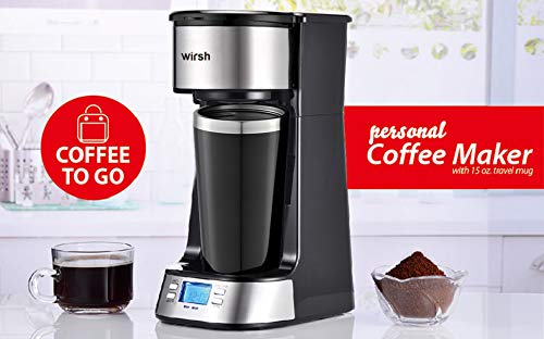 wirsh Single Serve Coffee Maker- Small Coffee Maker with Programmable Timer and LCD display, Single Cup Coffee Maker with 14 oz.Travel Mug and Reusable Coffee Filter, Black