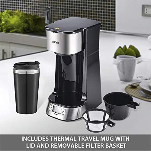 wirsh Single Serve Coffee Maker- Small Coffee Maker with Programmable Timer and LCD display, Single Cup Coffee Maker with 14 oz.Travel Mug and Reusable Coffee Filter, Black