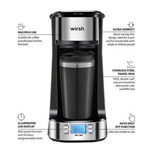 wirsh Single Serve Coffee Maker- Small Coffee Maker with Programmable Timer and LCD display, Single Cup Coffee Maker with 14 oz.Travel Mug and Reusable Coffee Filter, Black