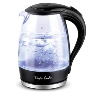 taylor swoden electric kettle 1.7l glass electric tea kettle, 1500w hot water kettle electric cordless water boiler & heater with led light, auto shut-off & boil-dry protection, bpa free, black