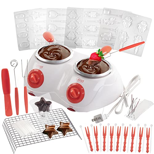 Dual Electric Chocolate Fondu Melting Pot Gift Set - Candy Making or Cheese Fondue Fountain Kit w 30 Free Accessories including Molds, Trays, Forks, and Recipe Book - Great Valentine's Day Gift!