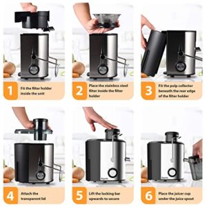 Juicer, Bagotte Centrifugal Juicer, 65mm Wide Feed Chute Juicer Machines for Whole Fruit and Vegetable, High Juice Yield Dual-Speed Juice Extractor with 304 Stainless Steel, BPA-Free, Easy to Clean