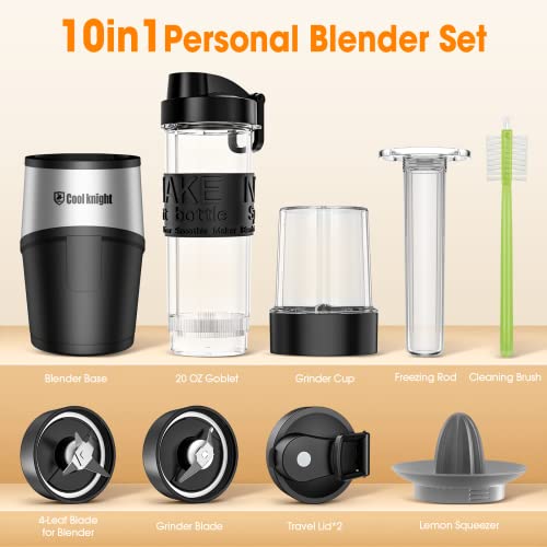 COOL KNIGHT Personal Blender, 500 Watts Bullet Blender for Shakes and Smoothies, 10-Piece Kitchen Blender Set with 20oz Sports Mug, Grinder Cup, 2 to-go lid, Freezer Rod and lemon squeezer,BPA free (Black-Silver)