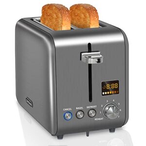 seedeem toaster 2 slice, stainless steel bread toaster with colorful lcd display, 7 bread shade settings, 1.4” wide slots toaster with bagel/defrost/reheat functions, removable crumb tray, 900w, dark metallic