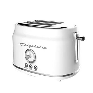 frigidaire eto102-white, 2 slice toaster, retro style, wide slot for bread, english muffins, croissants, and bagels, 5 adjustable toast settings, cancel and defrost, 900w, white