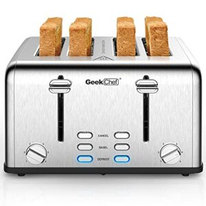 geek chef toaster 4 slice, stainless steel toaster with extra wide slots bagel, defrost, cancel function, dual independent control panel, removable crumb tray, 6 shade settings and high lift lever