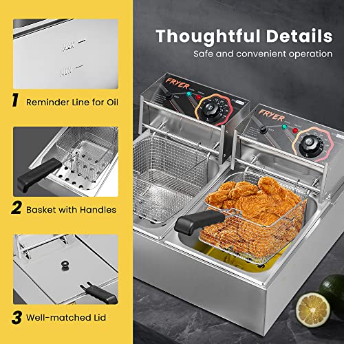 VIVOHOME 5000W 20.7 Qt Electric Deep Fryer with 2 x 6.35 QT Removable Baskets and Temperature Limiter for Commercial and Home Use