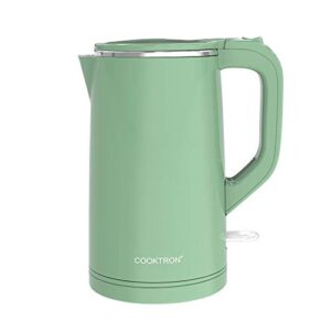 cooktron 1.7l electric kettle quiet, double wall hot water boiler bpa-free, quiet boil and cool touch tea kettle, cordless with auto shut-off & boil dry protection, 1500w fast boiling, green