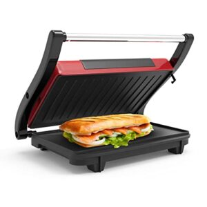 chef buddy gourmet (red) panini press – sandwich maker with nonstick plates – indoor countertop cooking burgers, steak, grilled cheese, 9.5″ x 10.5″ x 3