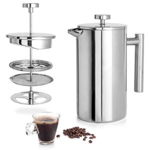 mixpresso stainless steel french press coffee maker 27 oz 800 ml, double wall metal insulation coffee press &tea brewer easy clean, and easy press, strong quality coffee press (stainless steel)