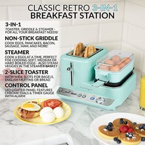 Nostalgia Classic Retro 3-in-1 Breakfast Station, 2-Wide Slot Toaster With Adjustable Toasting Control, Non-Stick Griddle, 6 Capacity Egg Cooker With Lid