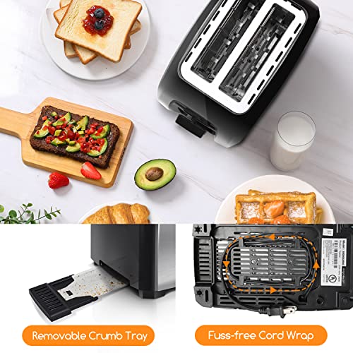 Toaster 2 Slice Wide Slots Best Rated Prime Toasters, Compact Stainless Steel Bread Toaster with Reheat/Defrost/Cancel Functions, 7-Shade Control & Removable Crumb Tray, Black, UL Certificated