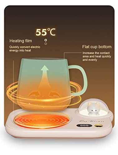 UUPOI Smart Coffee Mug Warmer, Coffee Cup Heater with Cute Cat Night Light, Auto Shut Off, 3 Temperature Setting LED Display, Electric Beverage Warmer Plate for Coffee Tea Milk Cocoa and etc., White