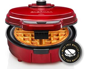 chefman anti-overflow belgian waffle maker w/shade selector, temperature control mess free moat, round iron w/nonstick plates & cool touch handle, measuring cup included, red