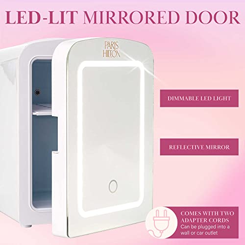 Paris Hilton Mini Refrigerator and Personal Beauty Fridge, Mirrored Door with Dimmable LED Light, Thermoelectric Cooling and Warming Function for All Cosmetics and Skincare Needs, 4-Liter, White