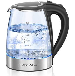 megawise 1500w electric kettle, 1.8l borosilicate glass tea kettle with led light, auto shut-off and boil-dry protection cordless kettle fast boiling, bpa free