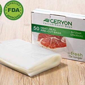 GERYON Vacuum Sealer Bags, Pre-Cut Food Sealer Bags Quart Size 8"x12" for Food Storage & Sous Vide Cooking, 50 Count