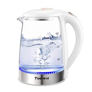 topwit electric kettle glass electric tea kettle, 2l bpa-free hot water kettle, stainless steel inner lid and bottom water warmer, fast heating with auto shut-off and boil dry protection, white