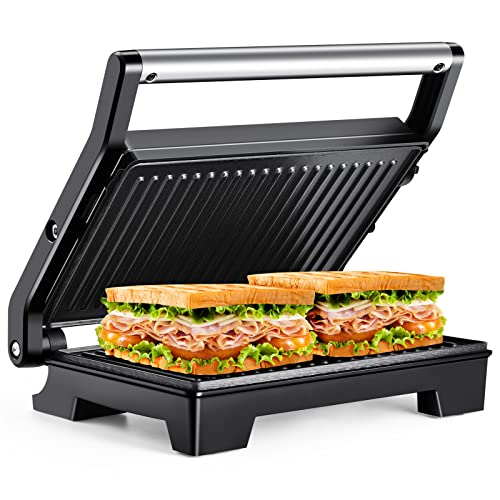 MONXOOK Panini Press Sandwich Maker, Non-Stick Coated Plates (9.06INx5.63IN), Opens 180 Degrees, 1000W Sandwich Press, Contact Indoor Grill with Locking Lid, Black