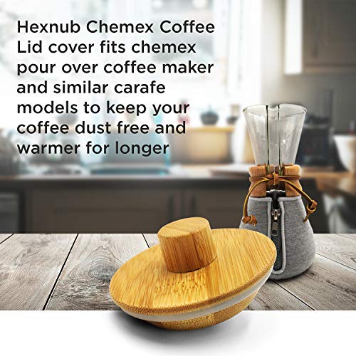 HEXNUB - Bamboo Lid Compatible with Chemex Coffee Makers, Fits All Chemex Cup Sizes, Keeps Coffee Hot or Cold, Fits Collar and Handle Carafes, Bodum 4, 8 and 12 Cup Pour Over Coffee Brewers