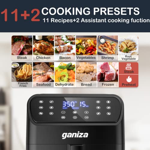 Air Fryers Oven, GANIZA 6 Quart Oilless Air Fryer with Visible Cooking Window, One-Touch Screen with 13 Functions, Nonstick and Dishwasher-Safe Basket, Customized Temp/Time, Black