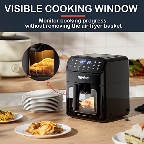 Air Fryers Oven, GANIZA 6 Quart Oilless Air Fryer with Visible Cooking Window, One-Touch Screen with 13 Functions, Nonstick and Dishwasher-Safe Basket, Customized Temp/Time, Black