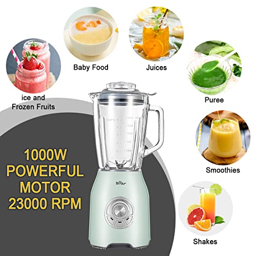 Bear Countertop Blender, 1000W Professional Smoothie Blender for Shakes and Smoothies with 51 Oz Glass Jar, Step-less Speed Knob and 3 Functions for Crushing Ice, Fruit and Pulse/Autonomous Clean