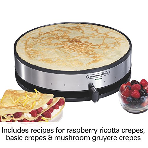 Proctor Silex Electric Crepe Maker with 13” Nonstick Griddle for Eggs, Pancakes, Omelets and Quesadillas, with Temperature Control, Spatula, Spreader, Batter Cup, Stainless Steel (38400PS)