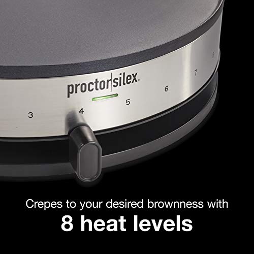 Proctor Silex Electric Crepe Maker with 13” Nonstick Griddle for Eggs, Pancakes, Omelets and Quesadillas, with Temperature Control, Spatula, Spreader, Batter Cup, Stainless Steel (38400PS)