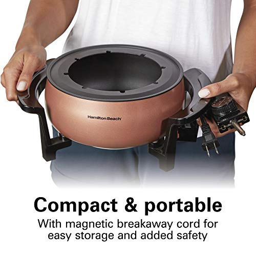 Hamilton Beach 3 Quart / 2.8 Liter 3QT Copper Electric Fondue Pot Set with Temperature Control, 6-Color Coded Forks, for Cheese, Chocolate, Hot Oil, Broth (86201)