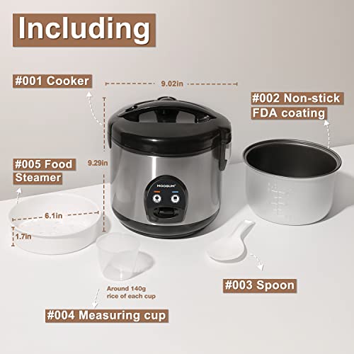 MOOSUM Electric Rice Cooker with One Touch for Asian Japanese Sushi Rice, 5-cup Uncooked/10-cup Cooked, Fast&Convenient Cooker with Steamer, Stainless Steel Housing and Auto Warmer