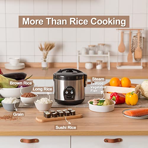 MOOSUM Electric Rice Cooker with One Touch for Asian Japanese Sushi Rice, 5-cup Uncooked/10-cup Cooked, Fast&Convenient Cooker with Steamer, Stainless Steel Housing and Auto Warmer