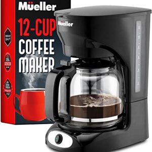 Mueller 12-Cup Drip Coffee Maker with Permanent Filter and Borosilicate Glass Carafe, Auto Keep Warm Function, Clear Water Level Window Coffee Machine