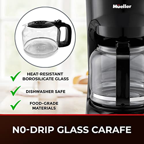 Mueller 12-Cup Drip Coffee Maker with Permanent Filter and Borosilicate Glass Carafe, Auto Keep Warm Function, Clear Water Level Window Coffee Machine