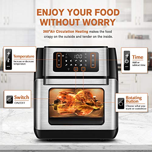 CROWNFUL Air Fryer, 10.6 Quart Large Convection Toaster Oven with Digital LCD Touch Screen, 10 in 1 Oilless Cooker with Rotisserie & Dehydrator, Accessories and Online Cookbook Included